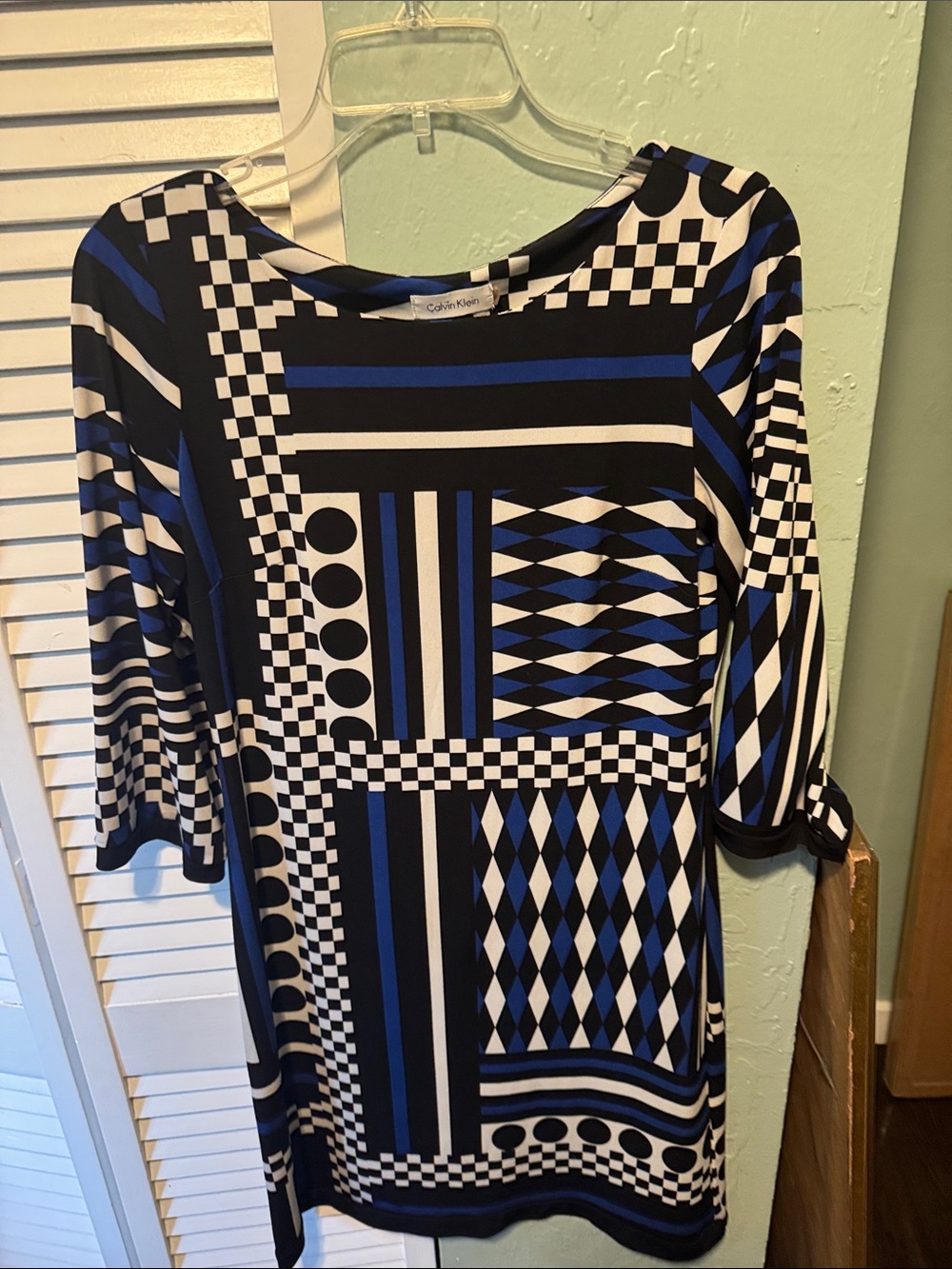 Calvin Klein Black White and Blue Geometric Print Tunic Dress